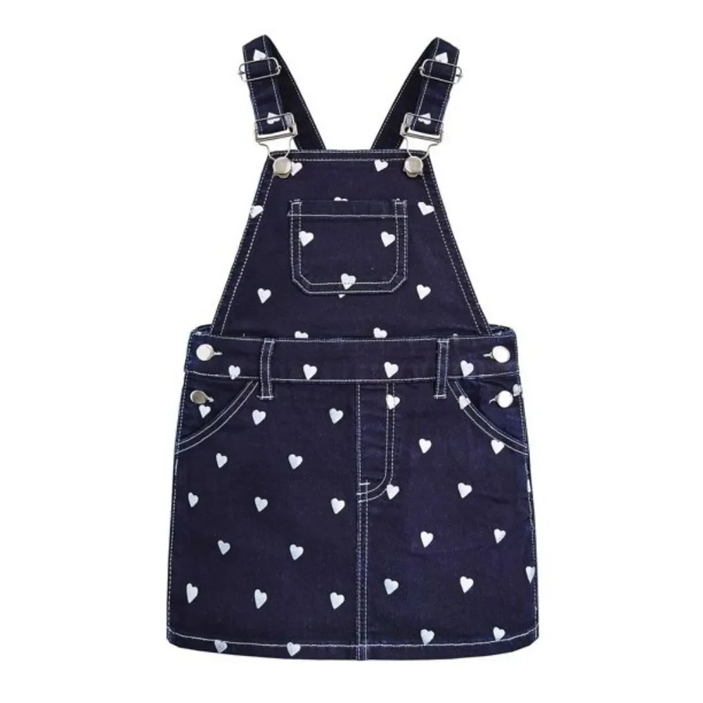 Girls Size 9/10 Blue Denim Heart Overall Dress Pinafore Buckle Adjustable School